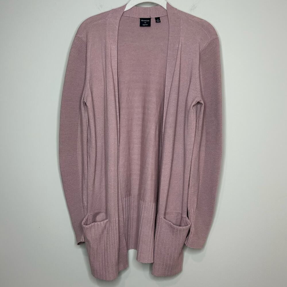 Devotion by Cyrus Open Cardigan Sweater Size M Ribbed Dusty Pink Front Pockets